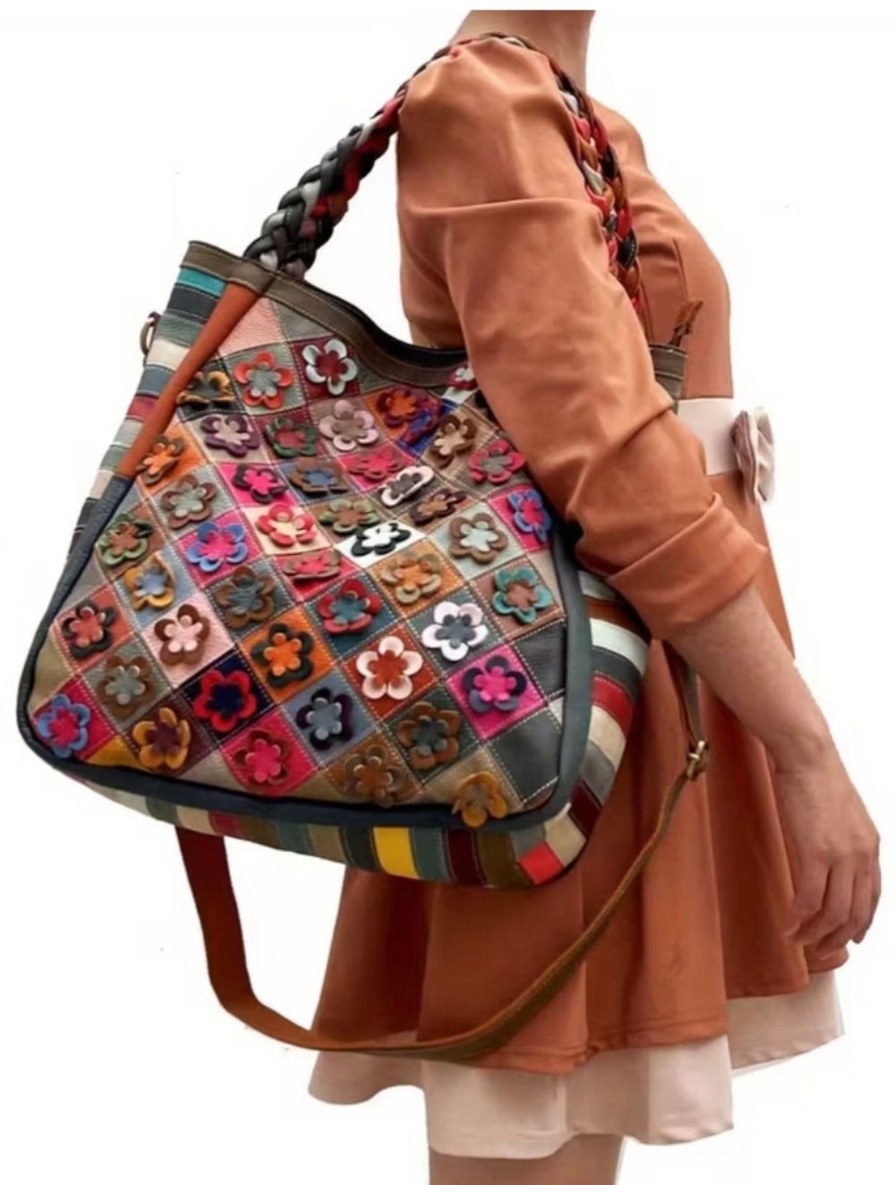 ♥️Multicolor Patchwork Floral Genuine Leather Shoulder Bag Large